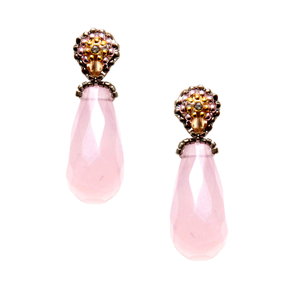 light pink earrings with big rose quartz stone drop and small silver beads