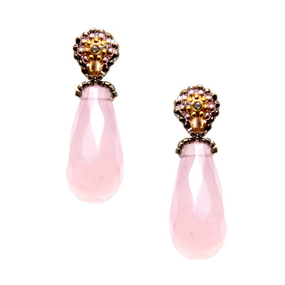 light pink earrings with big rose quartz stone drop and small silver beads