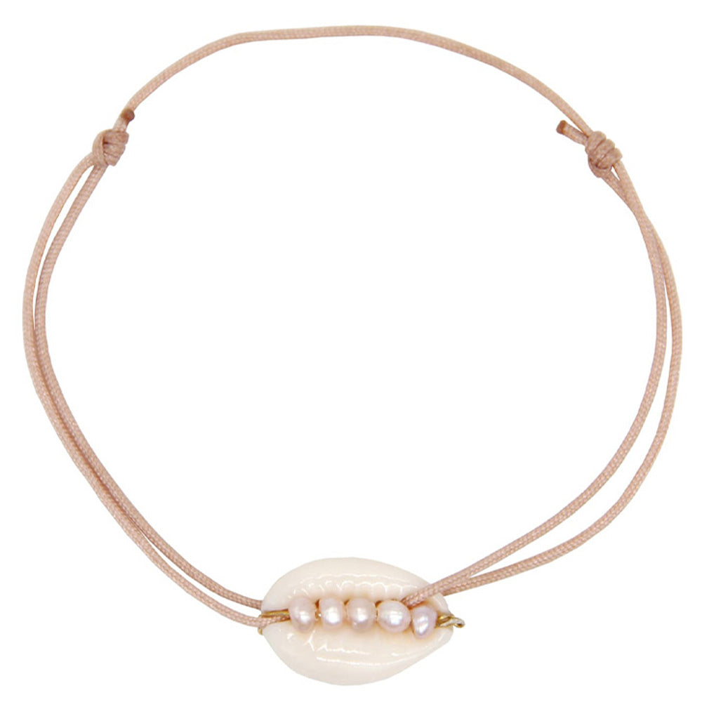 light pink nylon thread bracelet with white cowrie shell and light pink freshwater pearls