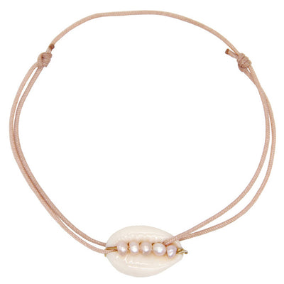 light pink nylon thread bracelet with white cowrie shell and light pink freshwater pearls
