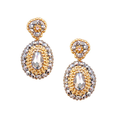 drop-shaped earrings made out of gold and silver beads