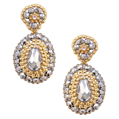 drop-shaped earrings made out of gold and silver beads