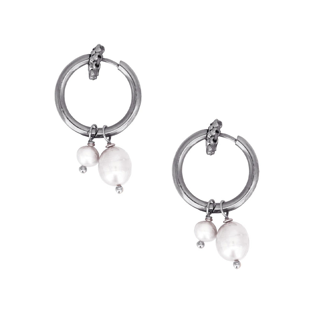 small silver hoops with white freshwater pearls 