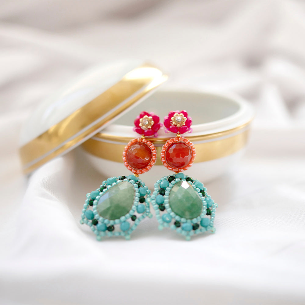 colorful statement earrings with green quartz stone, orange carnelian stone and blue, pink and orange beads