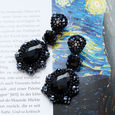 Solid black earrings with onyx stone and swarovski pearls