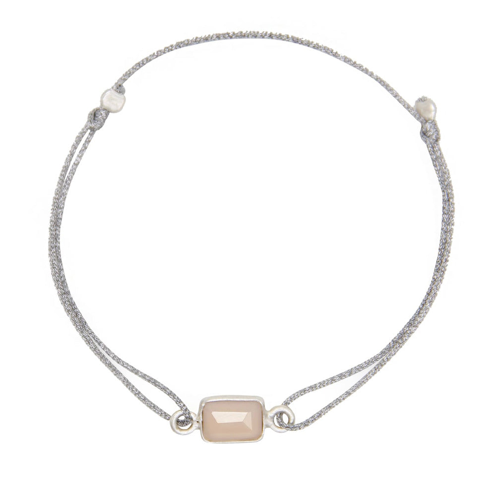 glittery silver nylon thread bracelet with round rose quartz gemstone