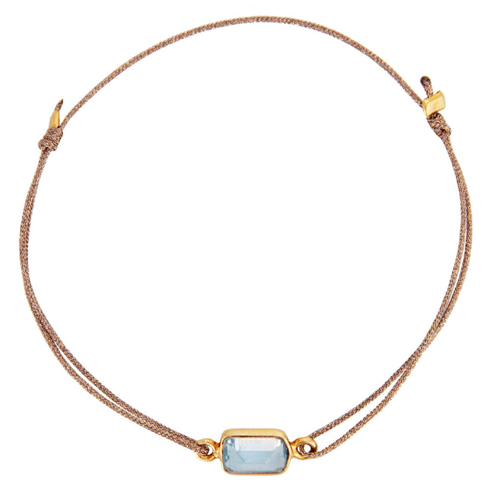 glittery bronze nylon thread bracelet with square light blue topaz gemstone