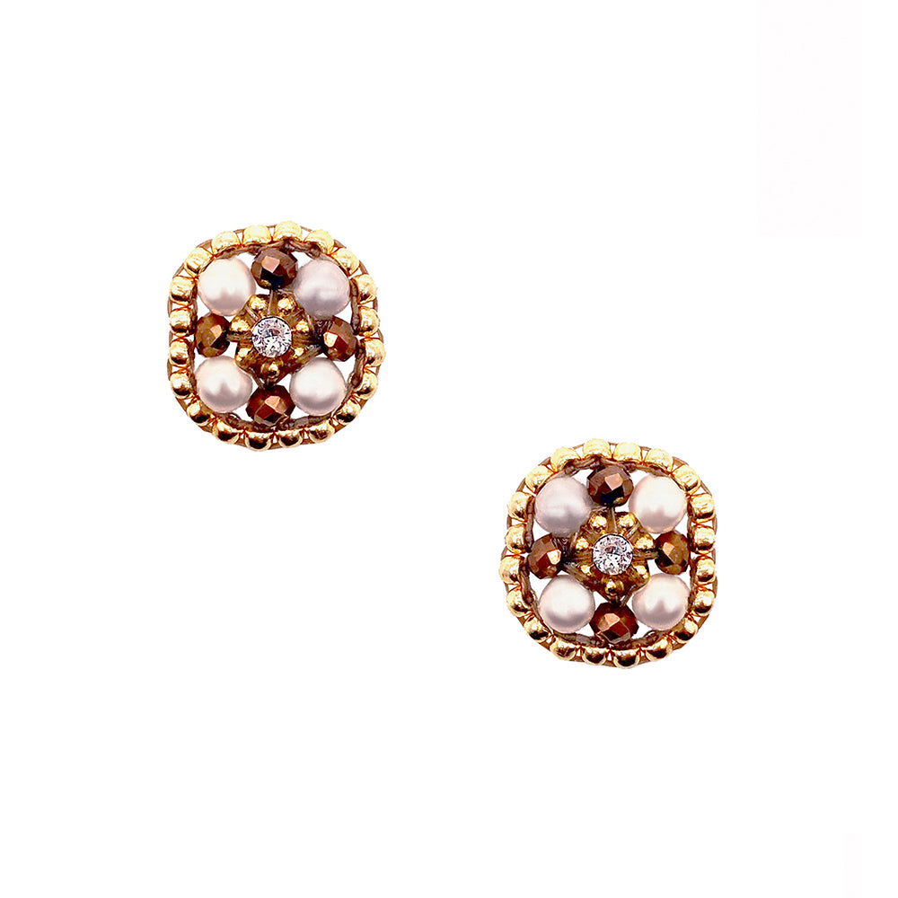 square earstuds made out of rose colored pearls and brown and golden beads