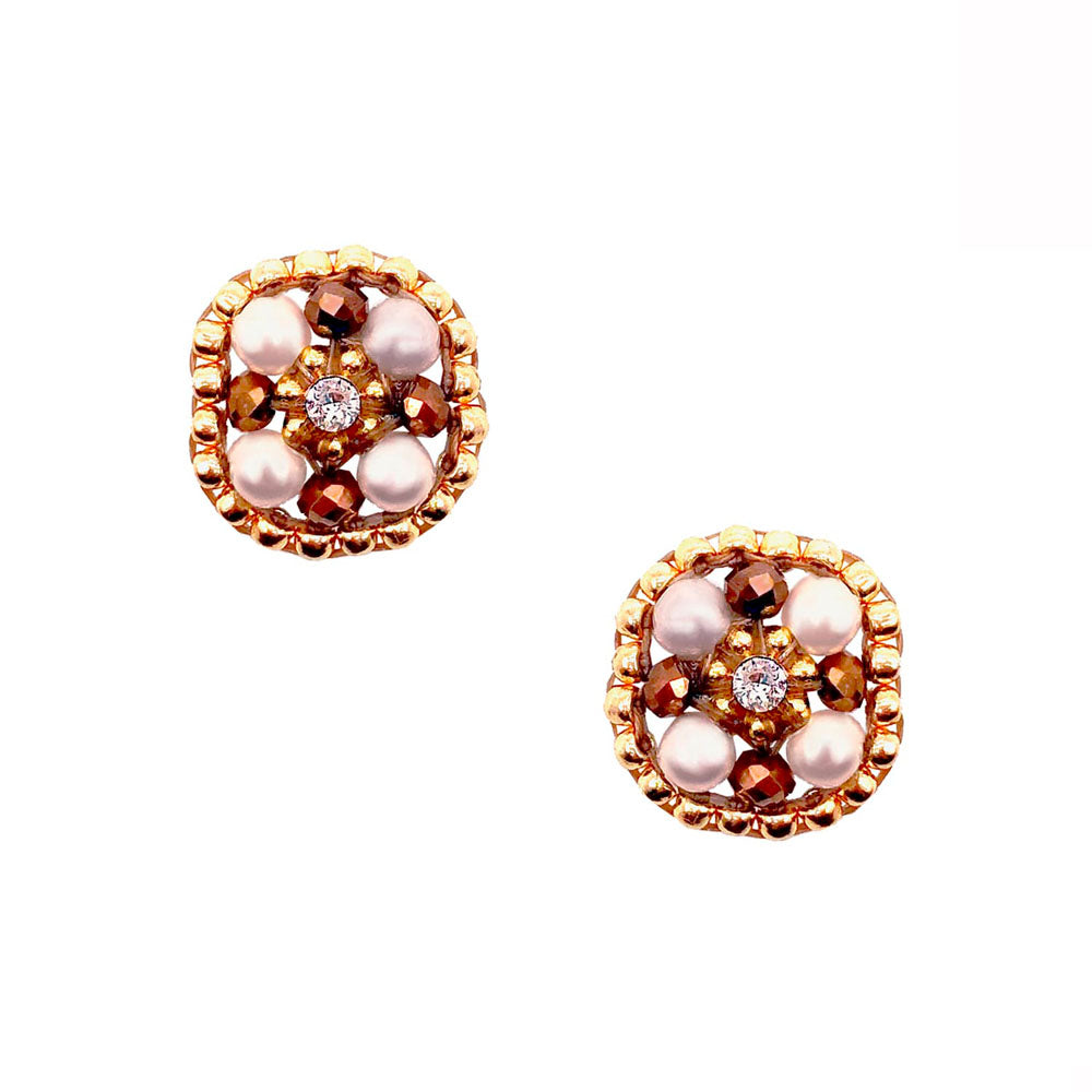 square earstuds made out of rose colored pearls and brown and golden beads