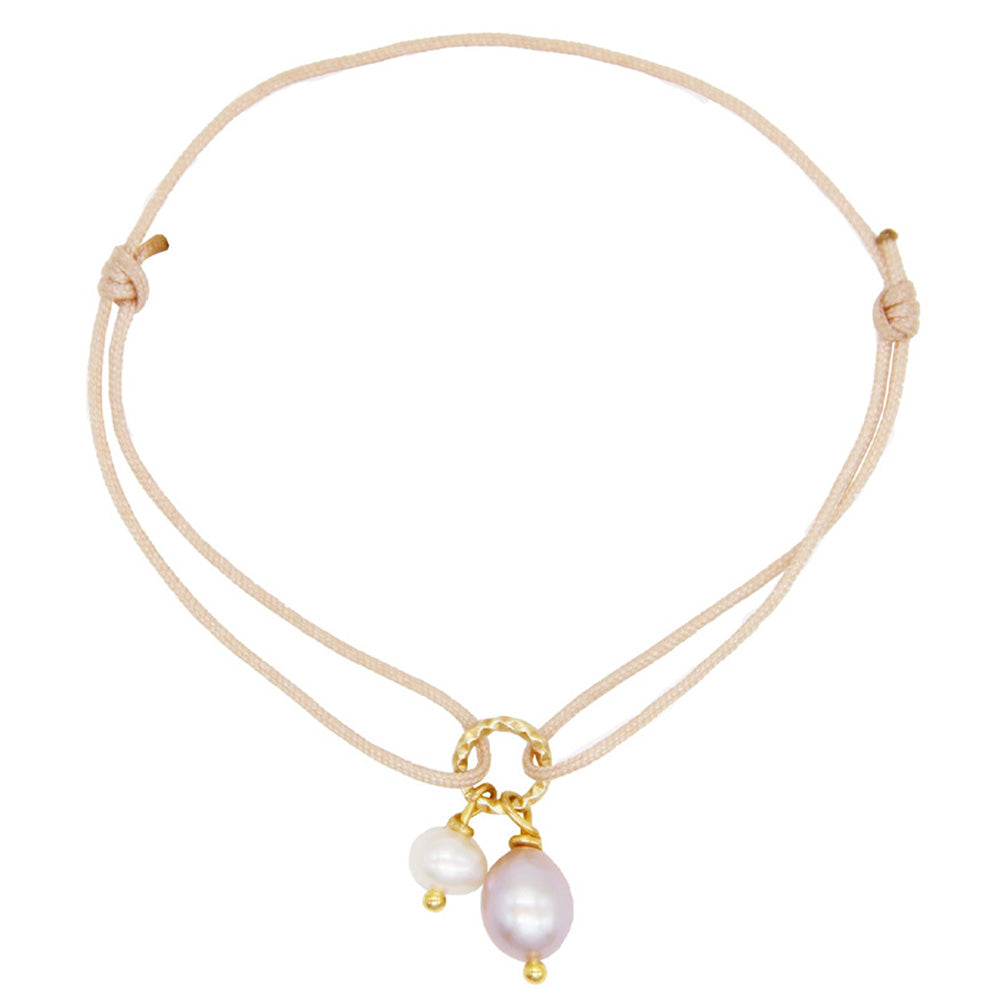 light pink nylon thread bracelet with gold plated pendant and white and light pink freshwater pearls