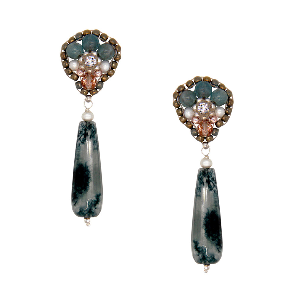 gemstone earrings with dark green elongated agate stone