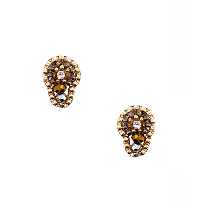 cone shaped earstuds made out of small dark grey and golden beads
