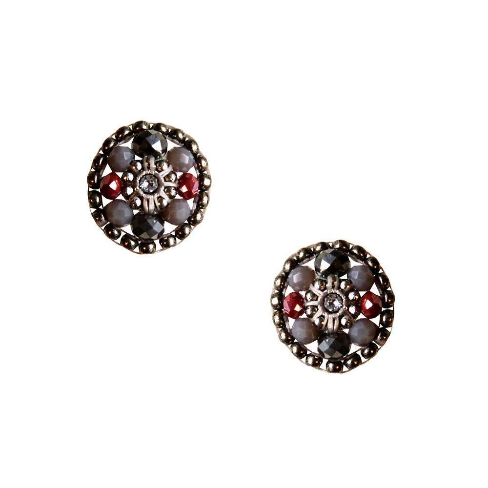 round earstuds made out of anthracite grey, grey and red glass beads 
