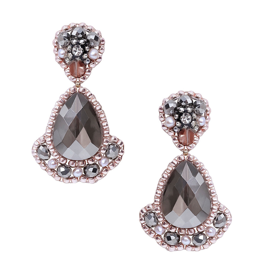 Earrings with grey Swarovski stones, white pearls and pink rocailles beads 