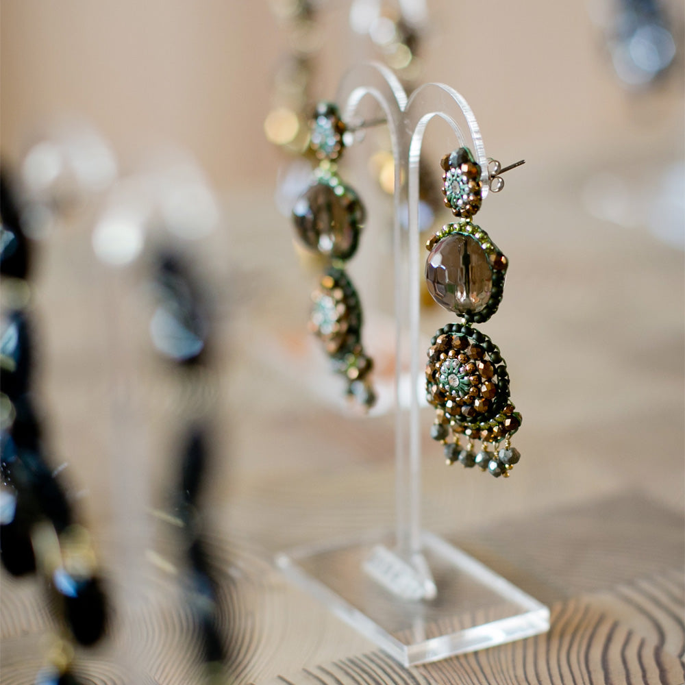 dark brown earrings with round transparent smoky quartz and small bronze colored beads