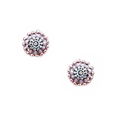 round light pink earstuds made out of small silver and rose colored beads