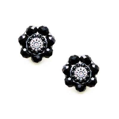 round silver earstuds made out of black glass beads
