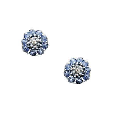 round silver earstuds made out of light blue crystal beads