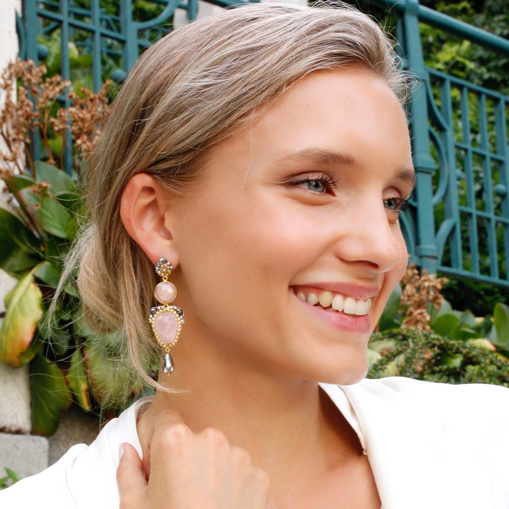 long gold statement earrings with rose quartz and silver beads