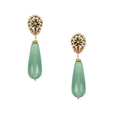 small golden earrings with long turquoise jade stone drop