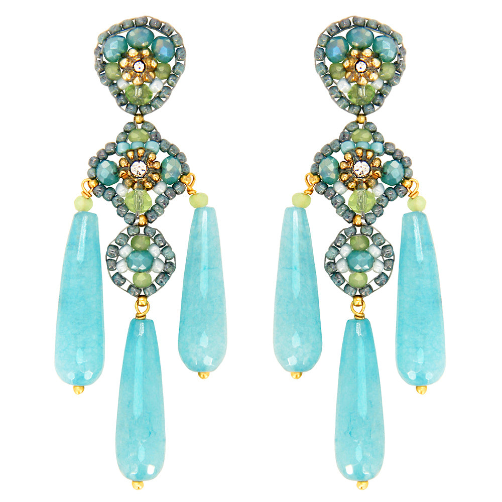 big statement earrings with turqoise agate stone drops and turquoise and green glass beads