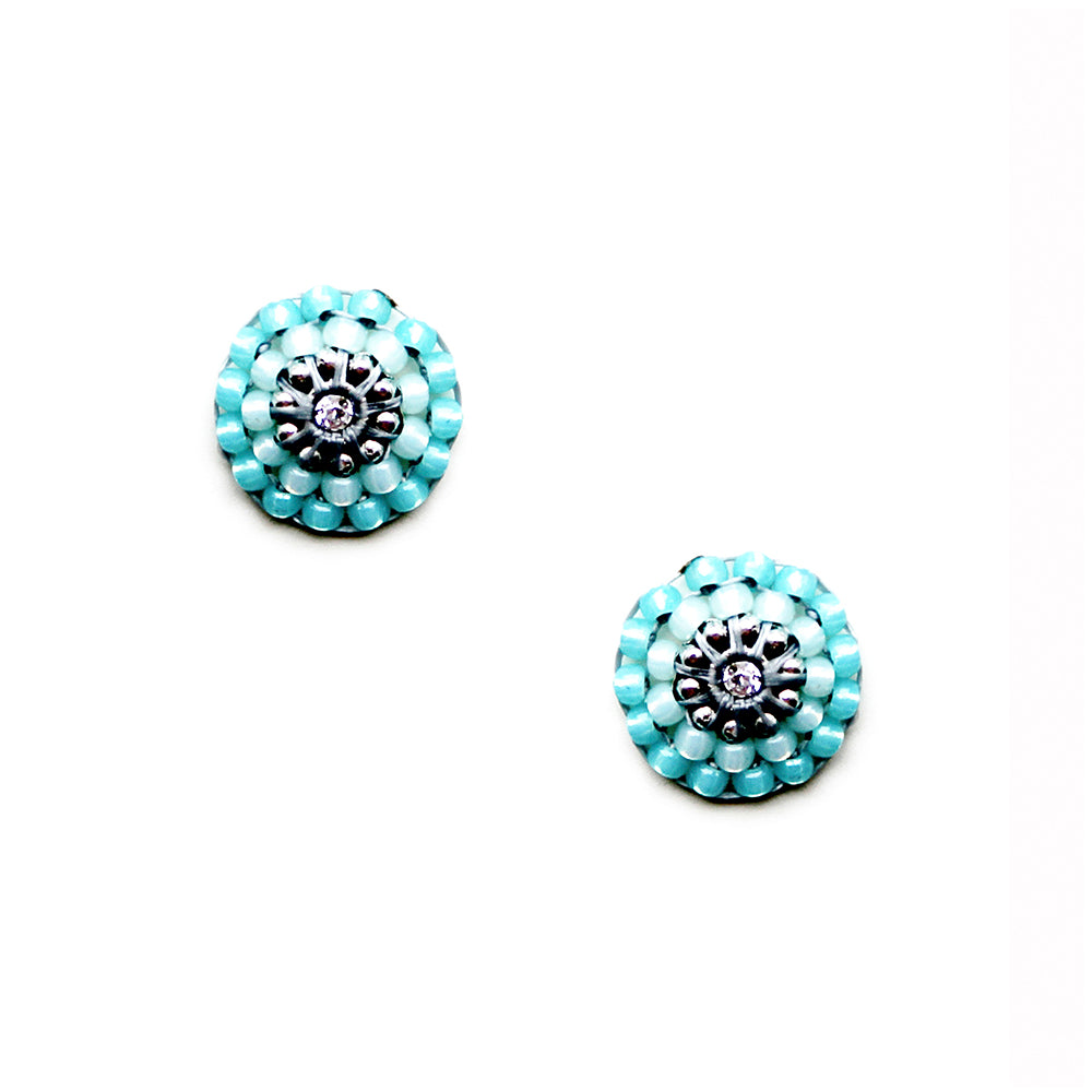 round earstuds made out of light blue and turquoise beads