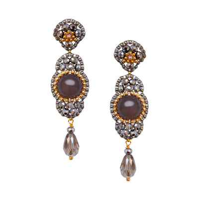 long grey statement earrings with round taupe-coloured agate stone and small golden beads