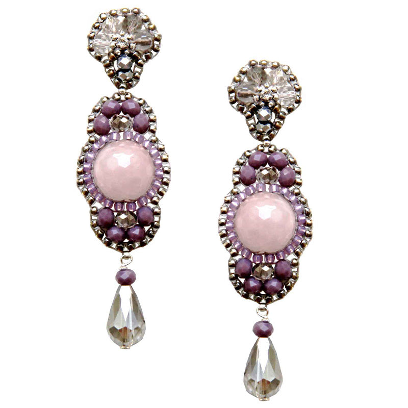 long silver statement earrings with round rose quartz stone and small purple beads