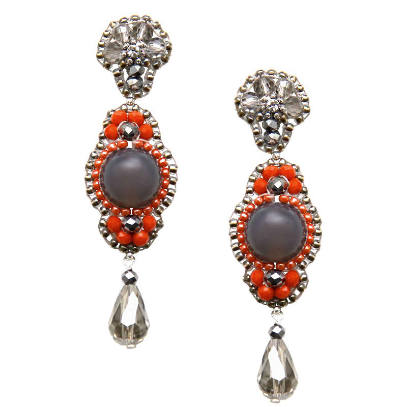 long silver statement earrings with round grey gemstone and small orange beads