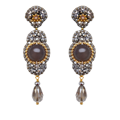 long grey statement earrings with round taupe-coloured agate stone and small golden beads