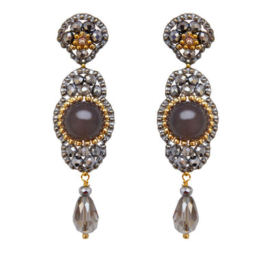 long grey statement earrings with round taupe-coloured agate stone and small golden beads