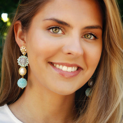 light blue statement earrings with freshwater pearls, round moonstone and round blue beaded pendant