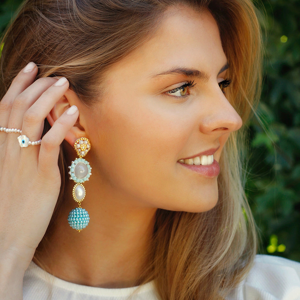  light blue statement earrings with freshwater pearls, round moonstone and round blue beaded pendant