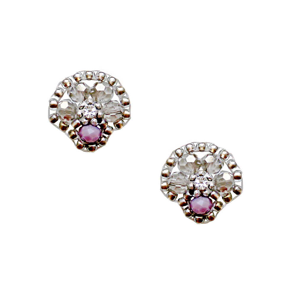 silver cone shaped earstuds made out of grey and purple beads