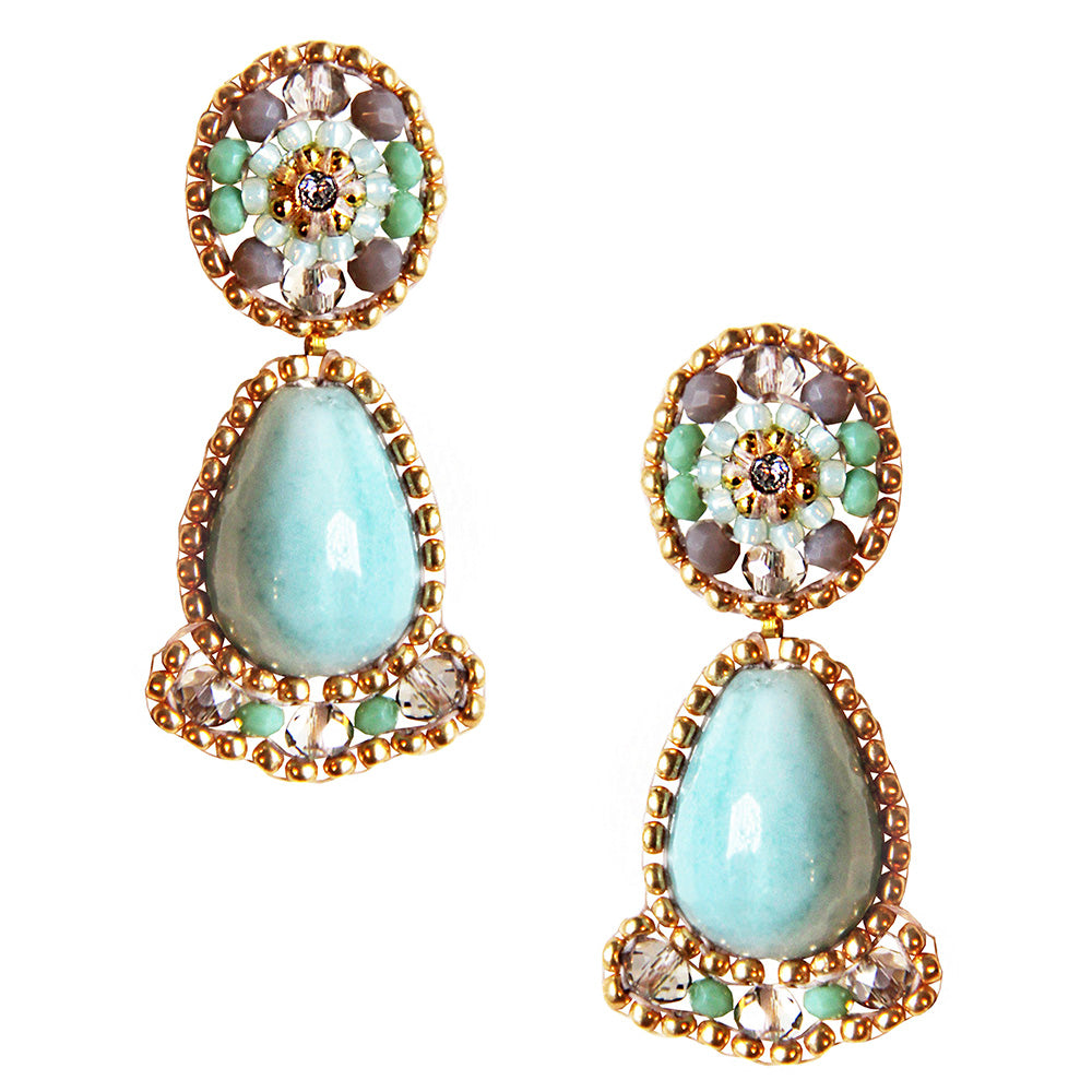 mint green statement earrings with natural pearls and achat stone