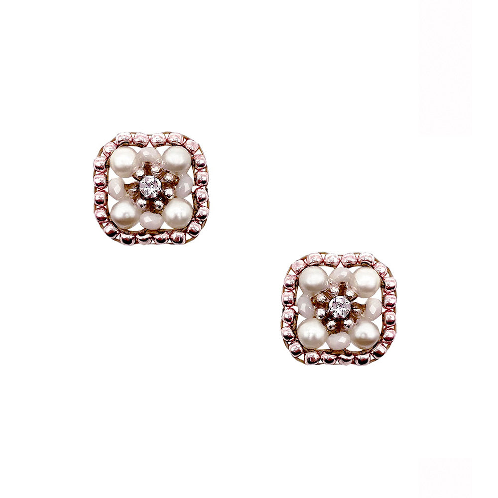 square earstuds with white artificial pearls and rose colored beads