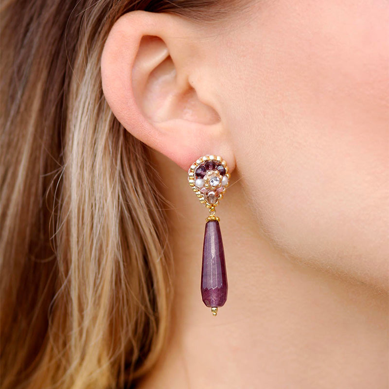 golden gemstone earrings with dark purple elongated drop amethyst 