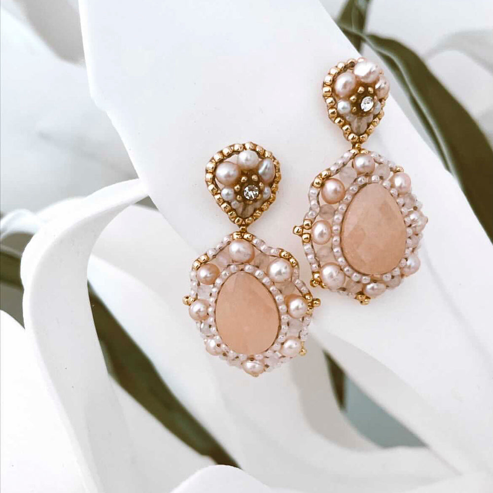 big light pink gemstone earrings with oval rose quartz and rose colored freshwater pearls