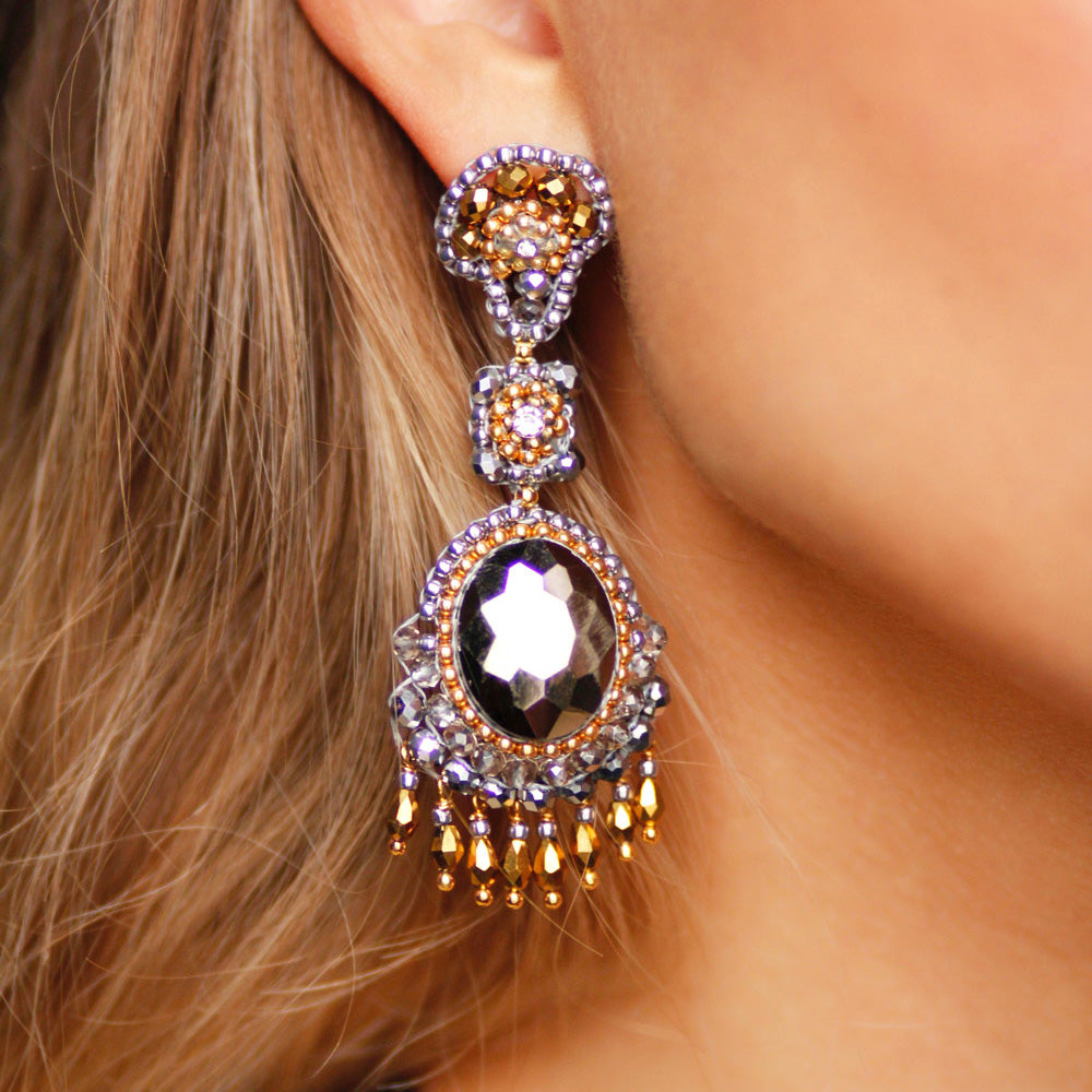 Big earrings with grey swarovski pearls and ocher beads