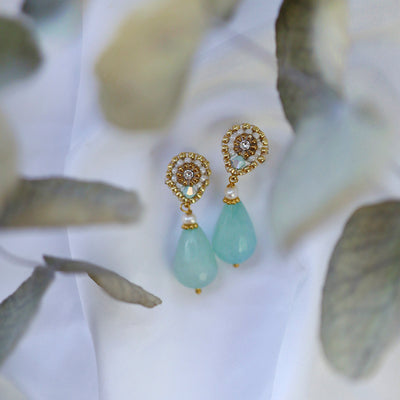 fine golden gemstone earrings with turquoise jade stone pendant