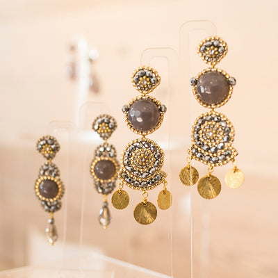 earrings with grey moonstone, silver and golden beads