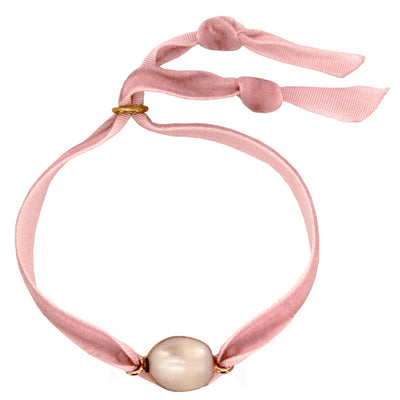 dusky pink velvet bracelet with round cream coloured freshwater pearl