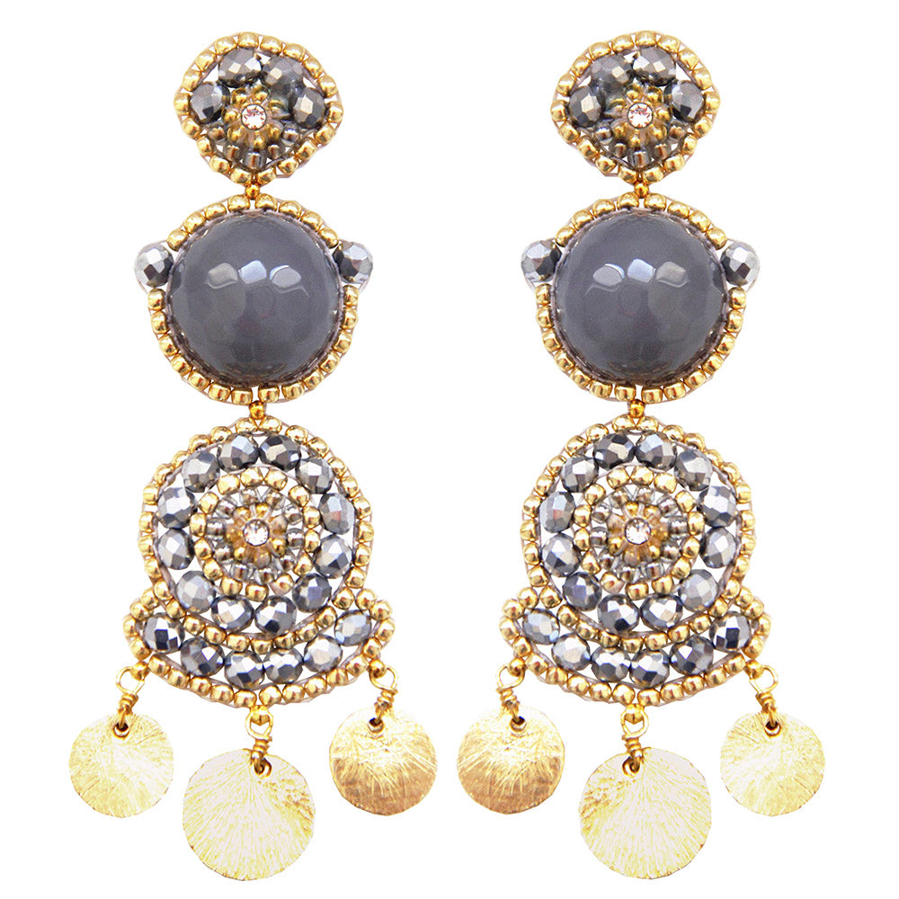 earrings with grey moonstone, silver and golden beads