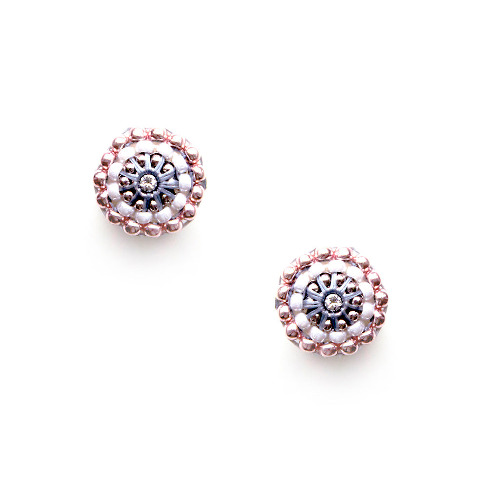 round earstuds with white and rose colored beads
