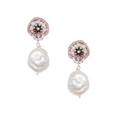 earrings with round natural freshwater pearl pendant small pink beads