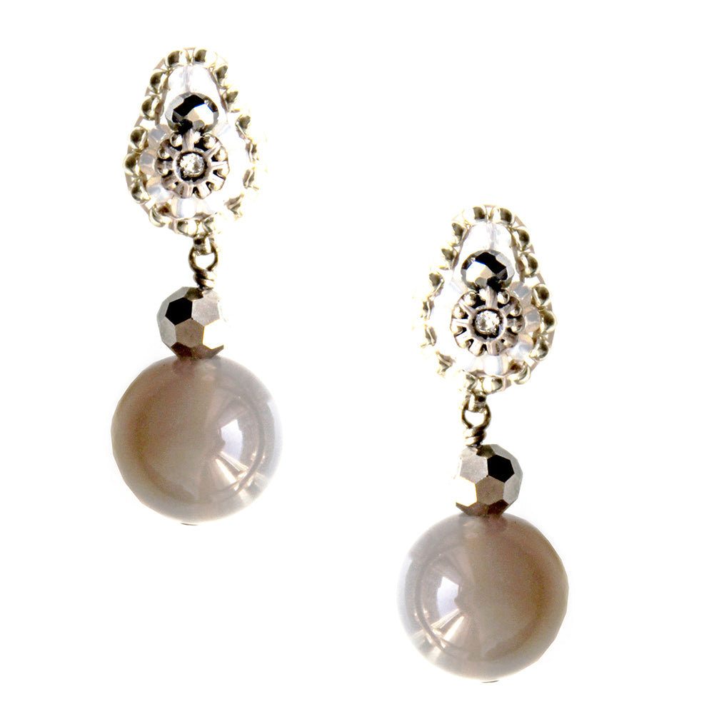 small silver gemstone earrings with round grey agate stone and white rocailles beads