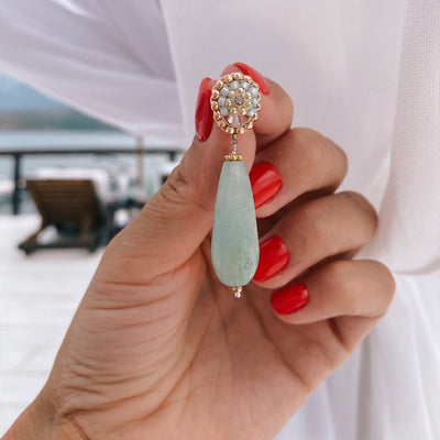 small golden earrings with long turquoise jade stone drop
