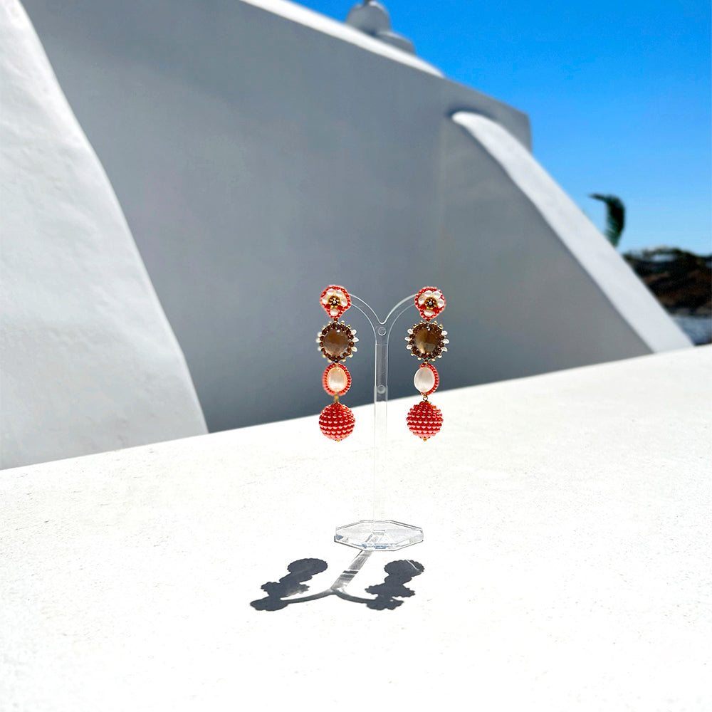 orange statement earrings with black agate stone, small freshwater pearls and round beaded pendant