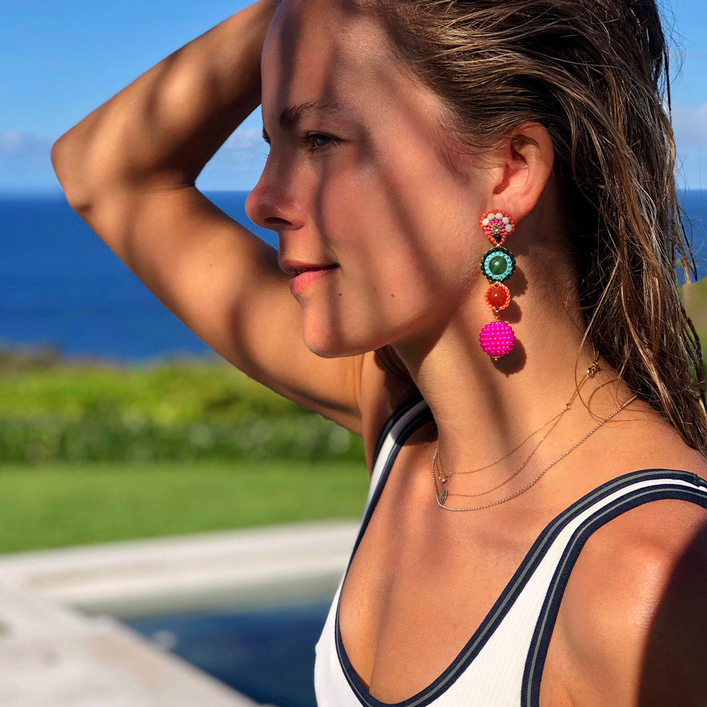 Corina Ziss wearing Boho earrings colorful balls