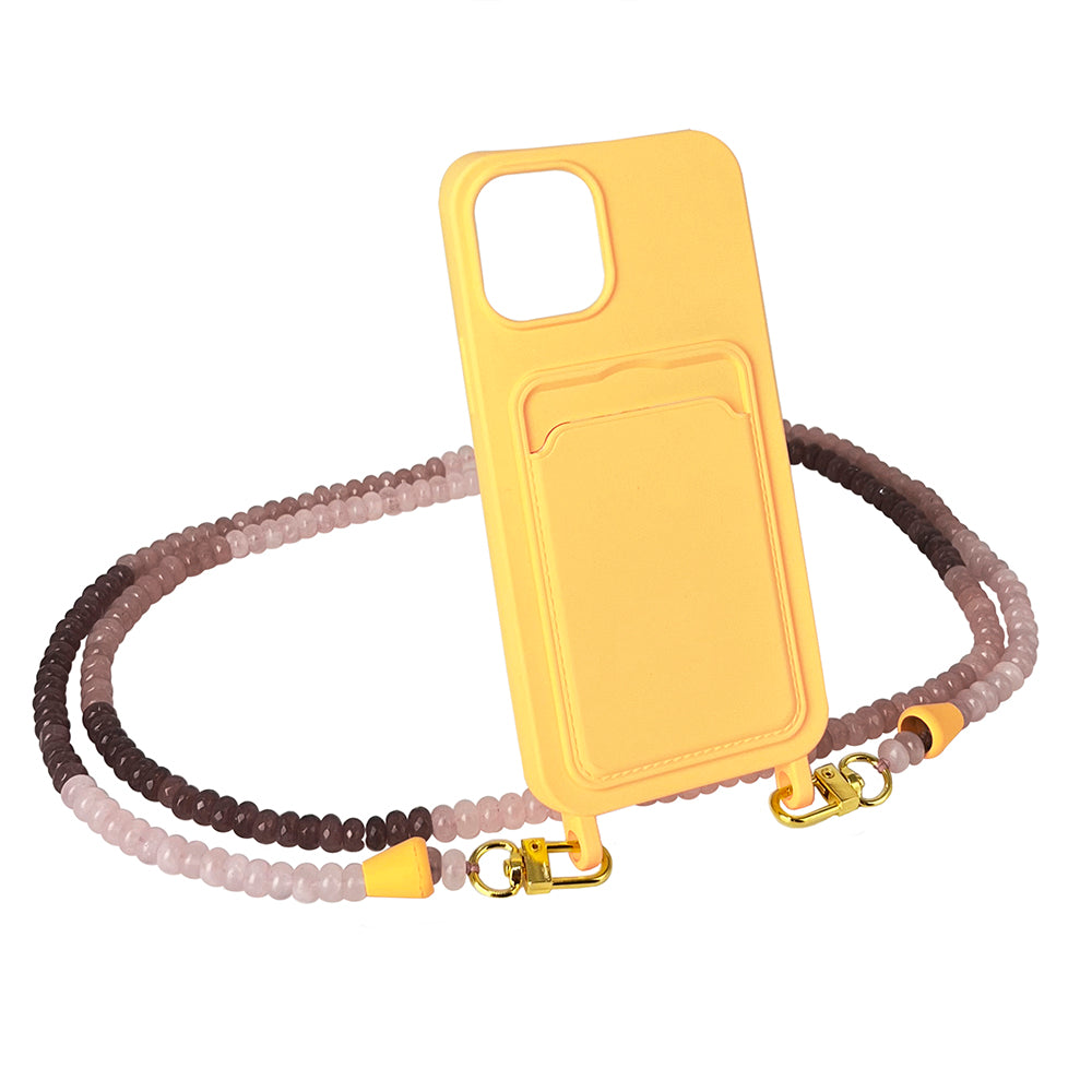 Rare gemstone phone chain necklace with brown, nude and gold gems with an attachable yellow sunny phone case.